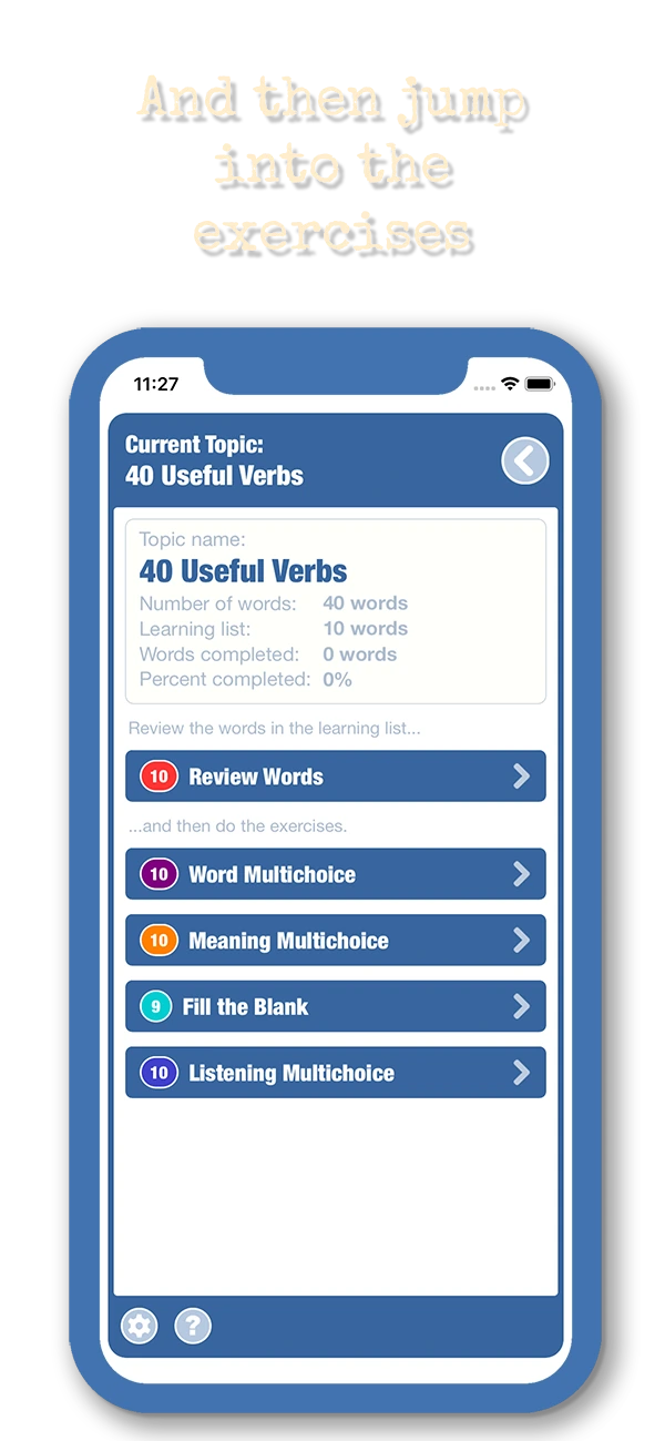 The learning list showing word review and available exercises