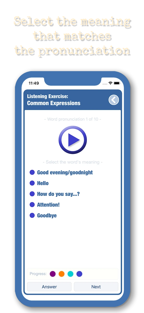Listening exercise with a play button and a choice of English meanings