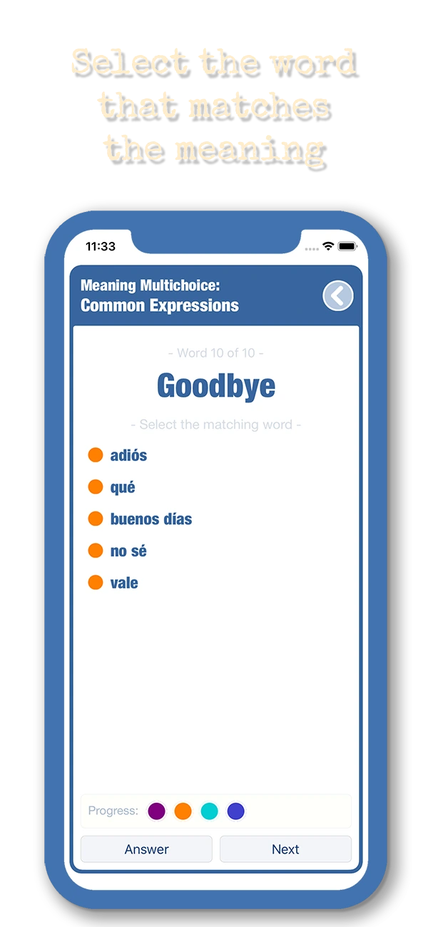 Spanish multiple-choice exercise asking for the word meaning Goodbye